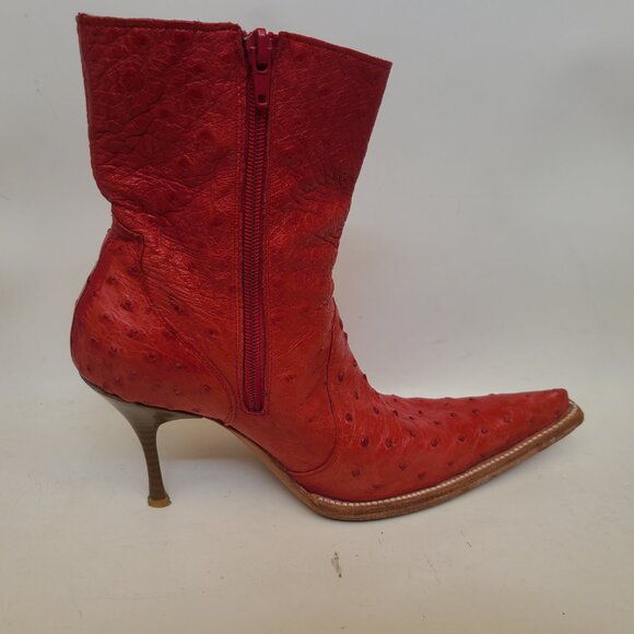 Vtg Goss Red Leather Ostrich Boots 6 Stiletto Pointed Toe Western Witchy Cowboy - Picture 7 of 16